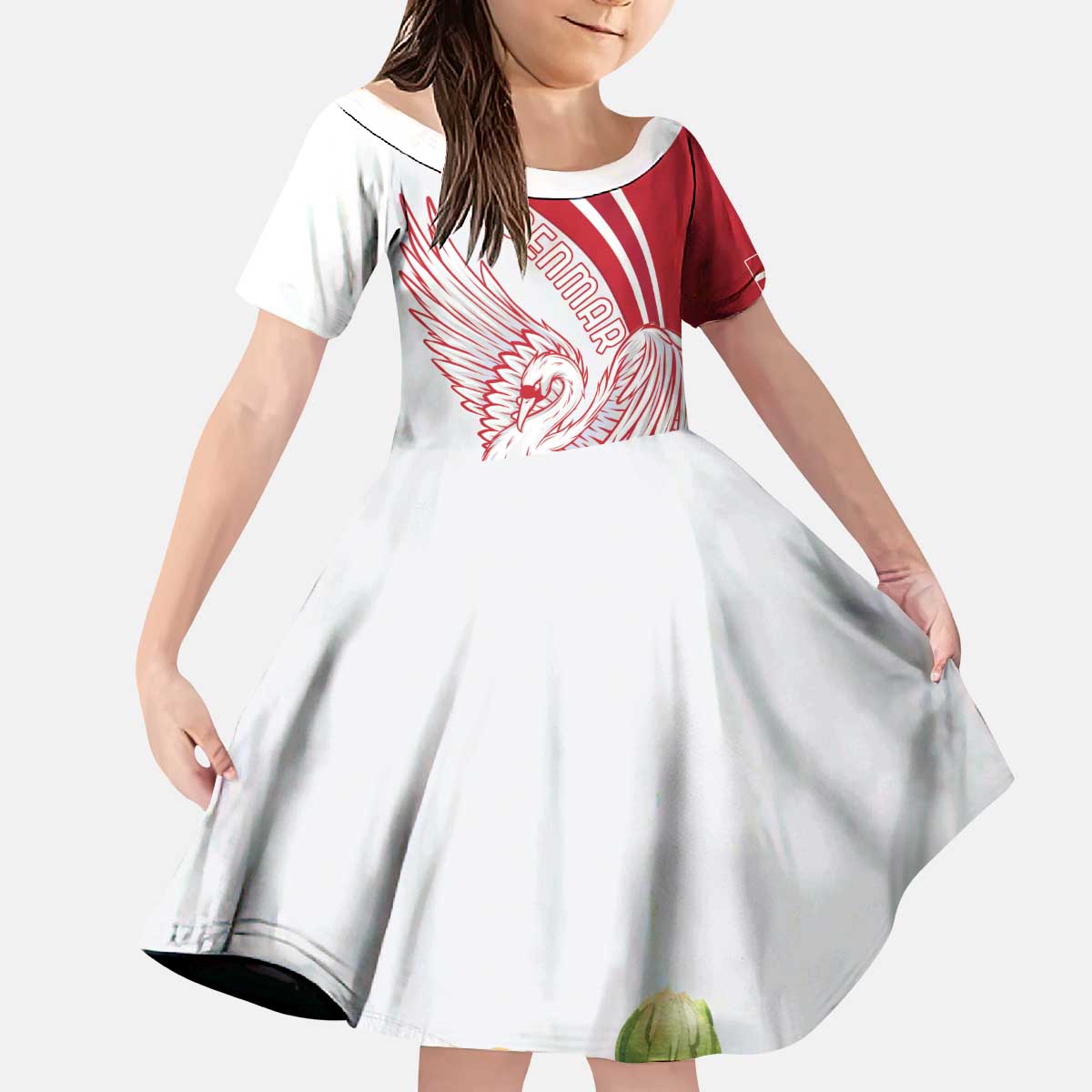 Personalized Denmark Kid Short Sleeve Dress Mute Swan With Marguerite Daisy