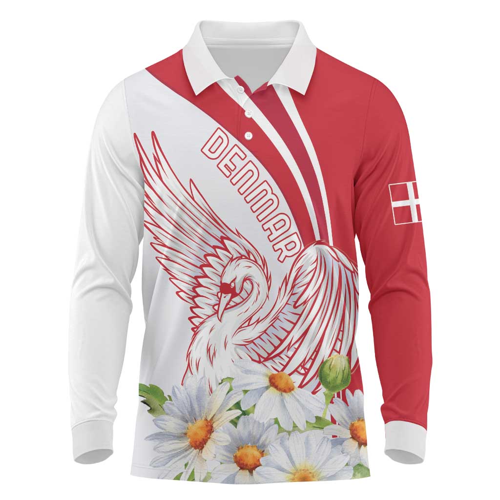 Personalized Denmark Long Sleeve Polo Shirt Mute Swan With Marguerite Daisy