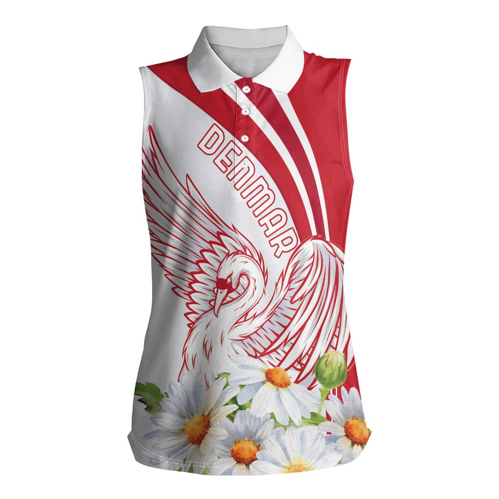 Personalized Denmark Women Sleeveless Polo Shirt Mute Swan With Marguerite Daisy