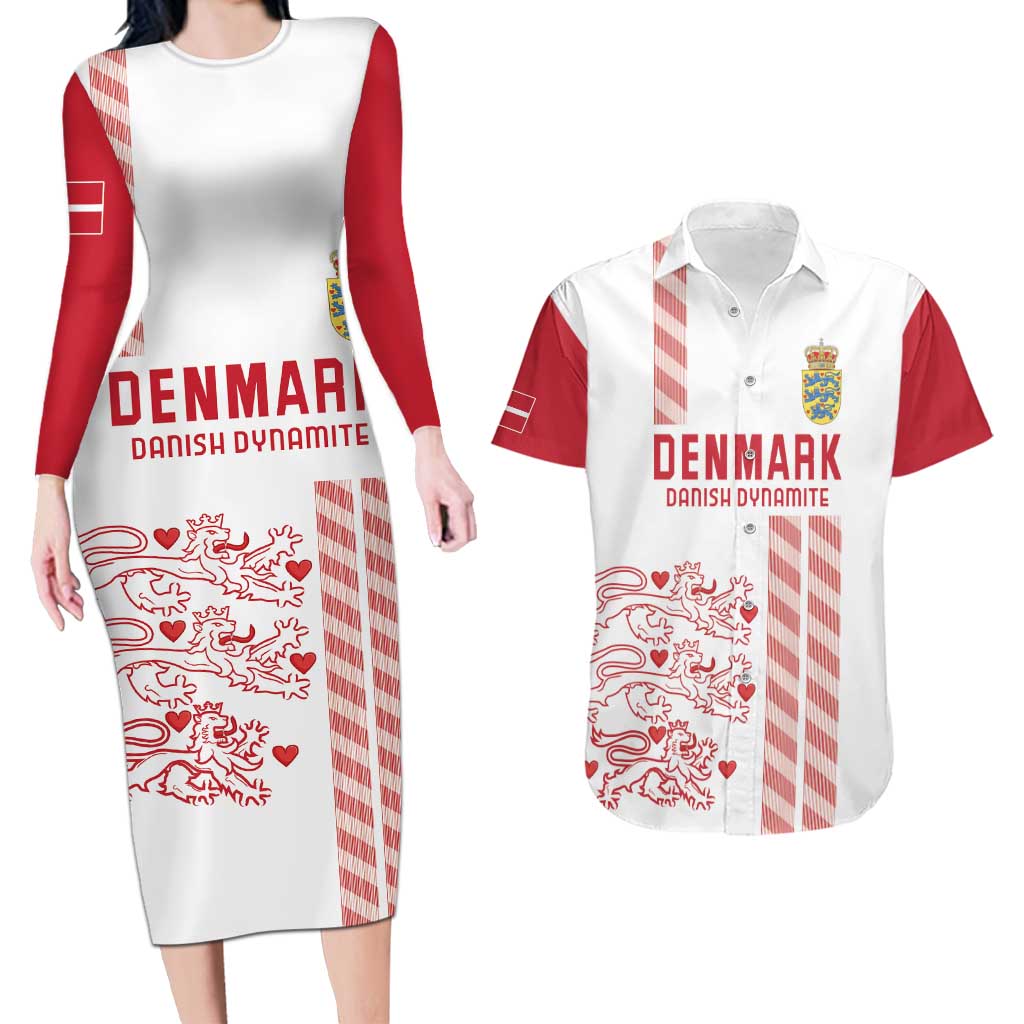 Custom Denmark Football Couples Matching Long Sleeve Bodycon Dress and Hawaiian Shirt Danish Dynamite White Version