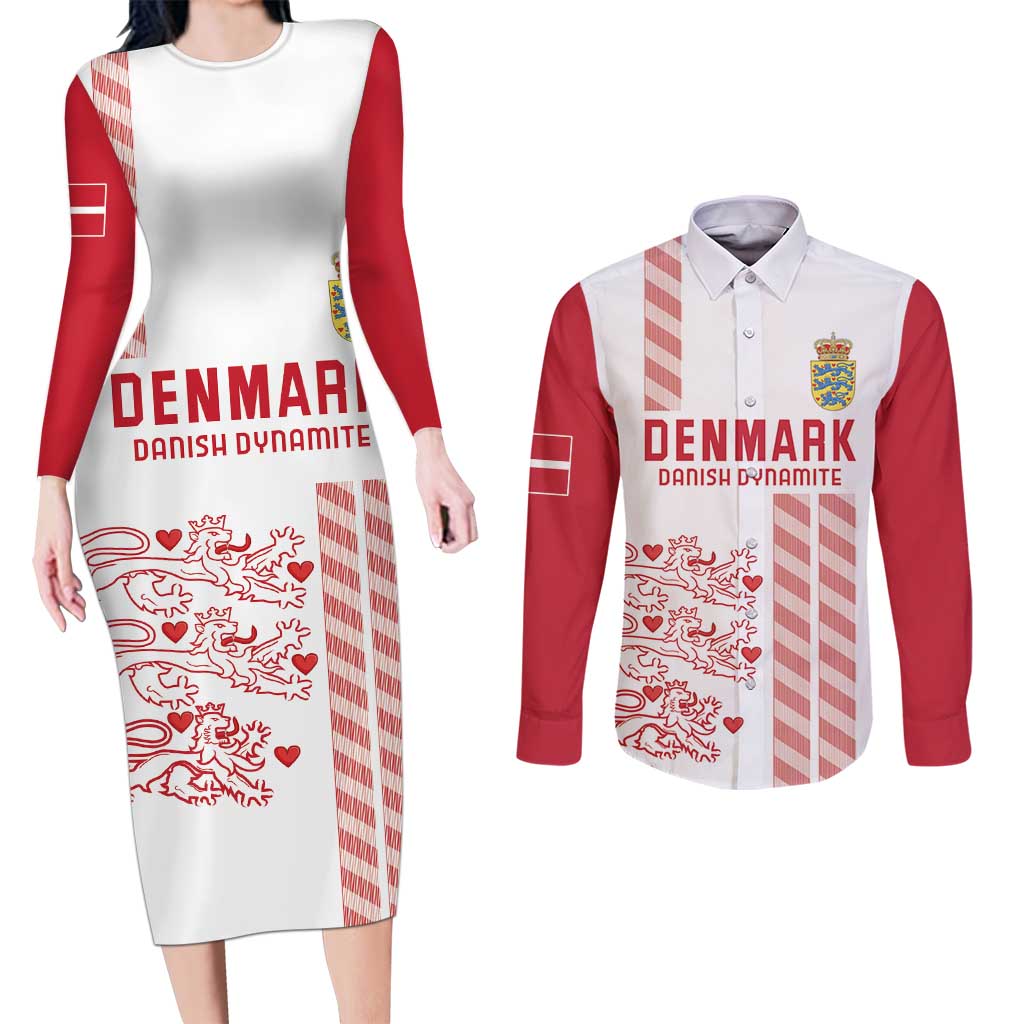 Custom Denmark Football Couples Matching Long Sleeve Bodycon Dress and Long Sleeve Button Shirt Danish Dynamite White Version