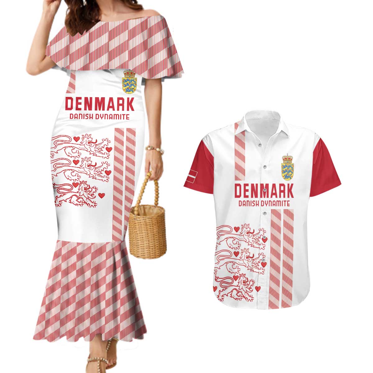 Custom Denmark Football Couples Matching Mermaid Dress and Hawaiian Shirt Danish Dynamite White Version