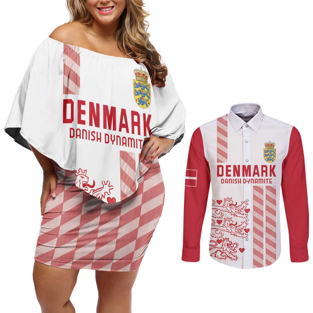 Custom Denmark Football Couples Matching Off Shoulder Short Dress and Long Sleeve Button Shirt Danish Dynamite White Version