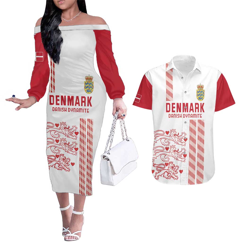 Custom Denmark Football Couples Matching Off The Shoulder Long Sleeve Dress and Hawaiian Shirt Danish Dynamite White Version