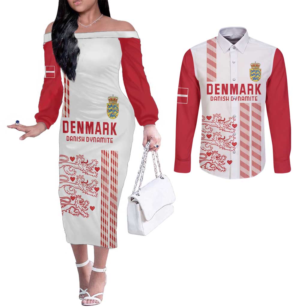 Custom Denmark Football Couples Matching Off The Shoulder Long Sleeve Dress and Long Sleeve Button Shirt Danish Dynamite White Version