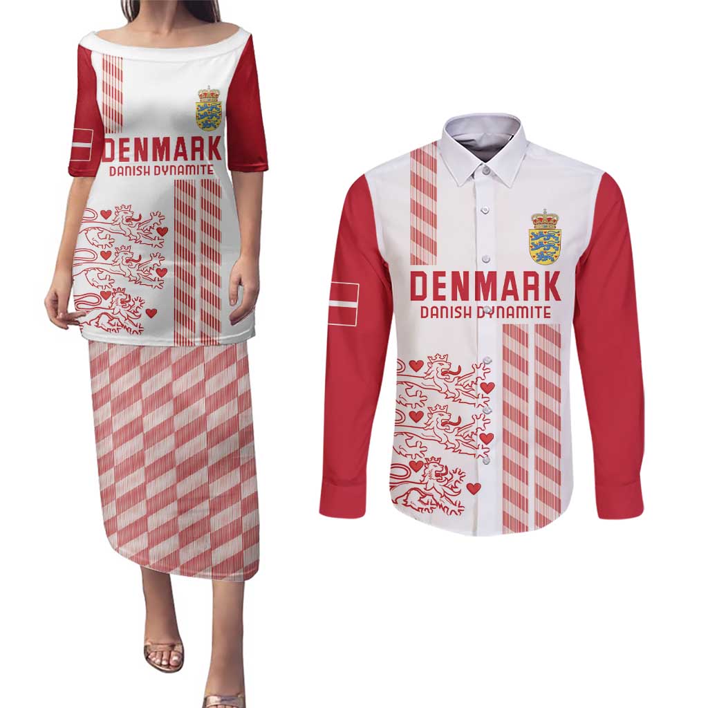 Custom Denmark Football Couples Matching Puletasi and Long Sleeve Button Shirt Danish Dynamite White Version