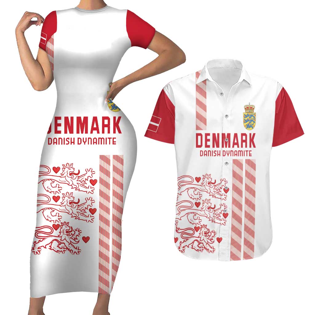 Custom Denmark Football Couples Matching Short Sleeve Bodycon Dress and Hawaiian Shirt Danish Dynamite White Version