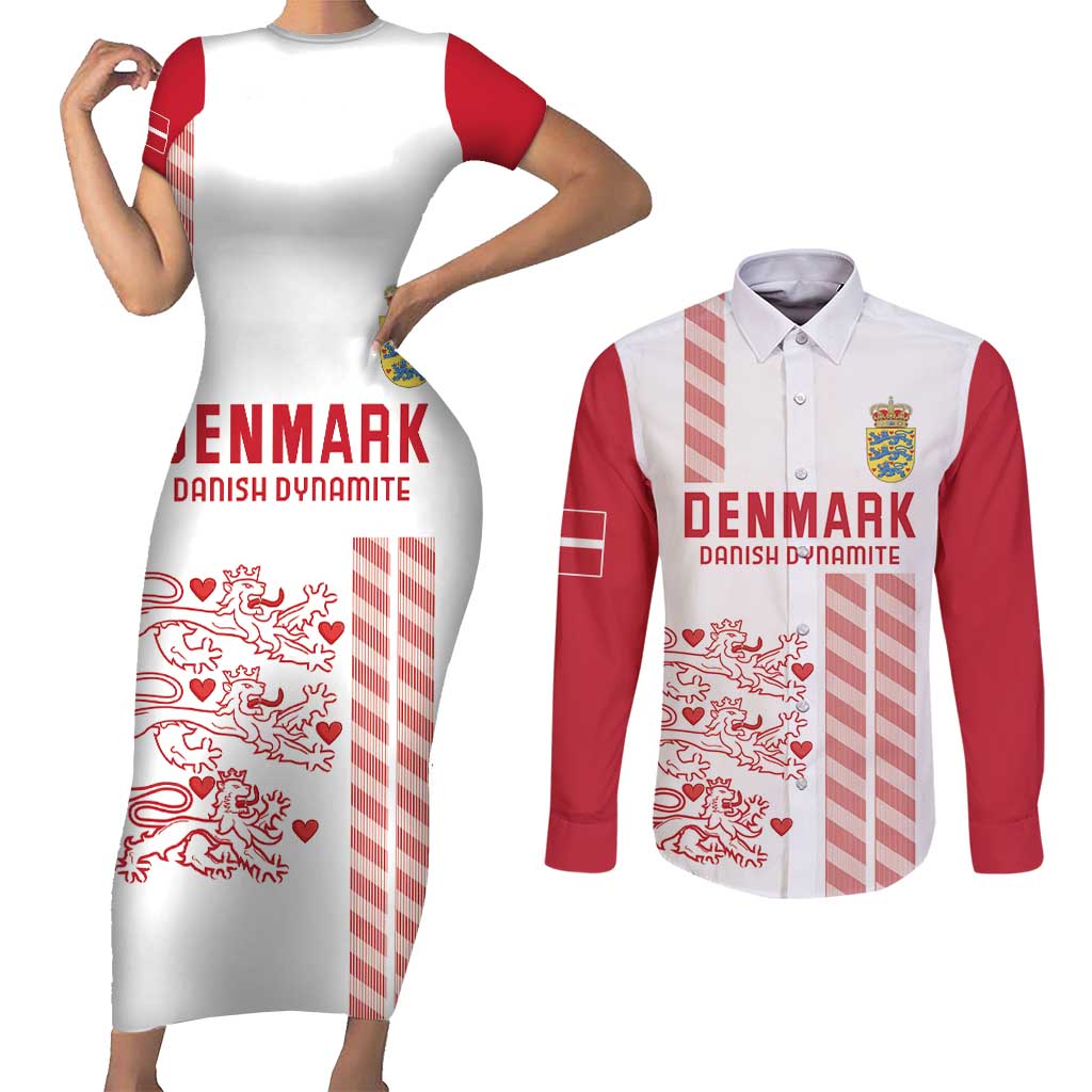 Custom Denmark Football Couples Matching Short Sleeve Bodycon Dress and Long Sleeve Button Shirt Danish Dynamite White Version