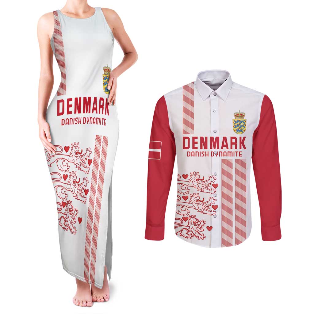 Custom Denmark Football Couples Matching Tank Maxi Dress and Long Sleeve Button Shirt Danish Dynamite White Version