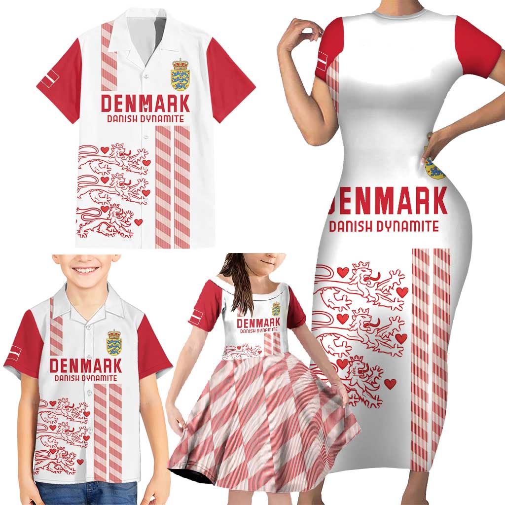 Custom Denmark Football Family Matching Short Sleeve Bodycon Dress and Hawaiian Shirt Danish Dynamite White Version