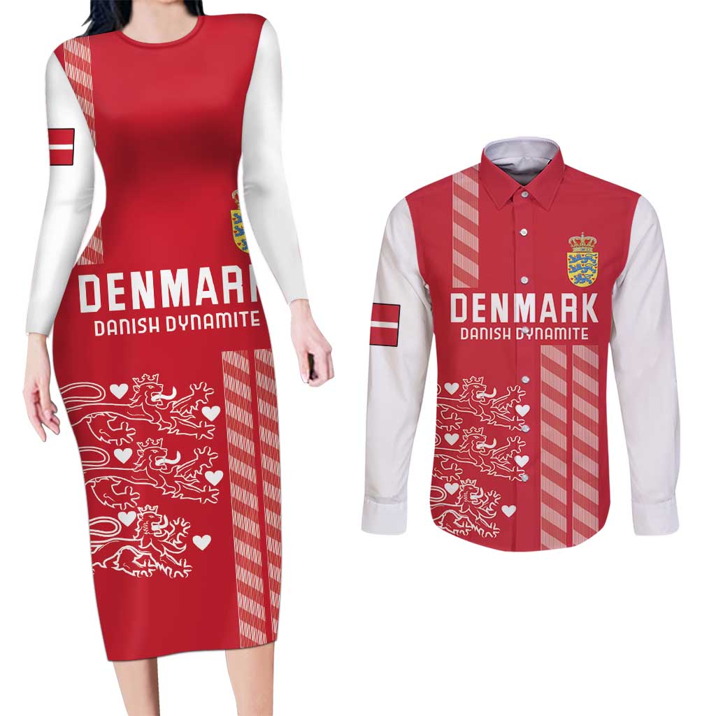 Custom Denmark Football Couples Matching Long Sleeve Bodycon Dress and Long Sleeve Button Shirt Danish Dynamite Red Version