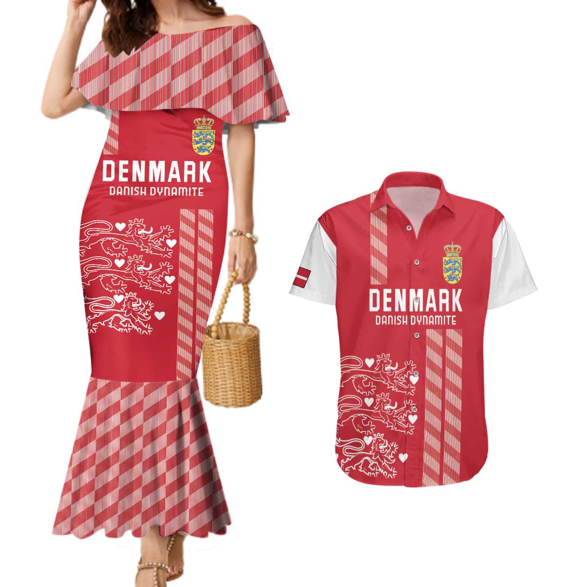 Custom Denmark Football Couples Matching Mermaid Dress and Hawaiian Shirt Danish Dynamite Red Version