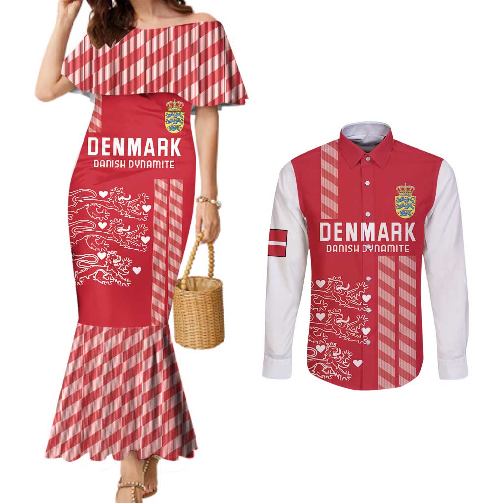 Custom Denmark Football Couples Matching Mermaid Dress and Long Sleeve Button Shirt Danish Dynamite Red Version