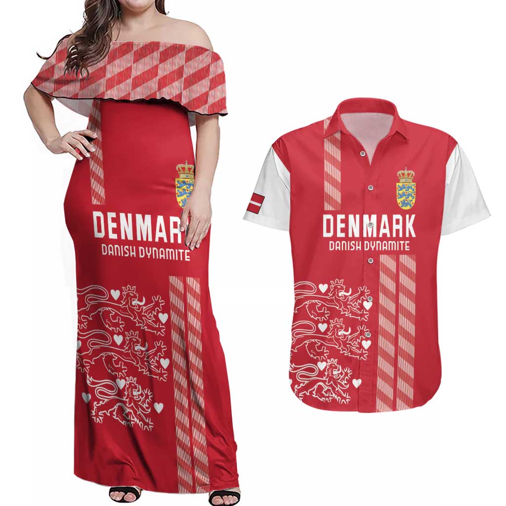 Custom Denmark Football Couples Matching Off Shoulder Maxi Dress and Hawaiian Shirt Danish Dynamite Red Version