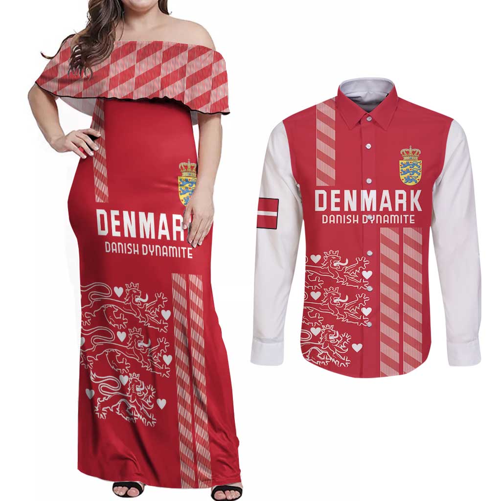 Custom Denmark Football Couples Matching Off Shoulder Maxi Dress and Long Sleeve Button Shirt Danish Dynamite Red Version