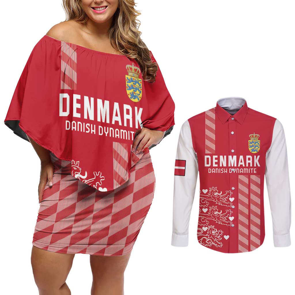 Custom Denmark Football Couples Matching Off Shoulder Short Dress and Long Sleeve Button Shirt Danish Dynamite Red Version