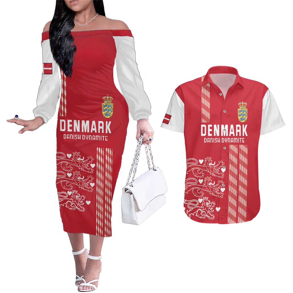 Custom Denmark Football Couples Matching Off The Shoulder Long Sleeve Dress and Hawaiian Shirt Danish Dynamite Red Version