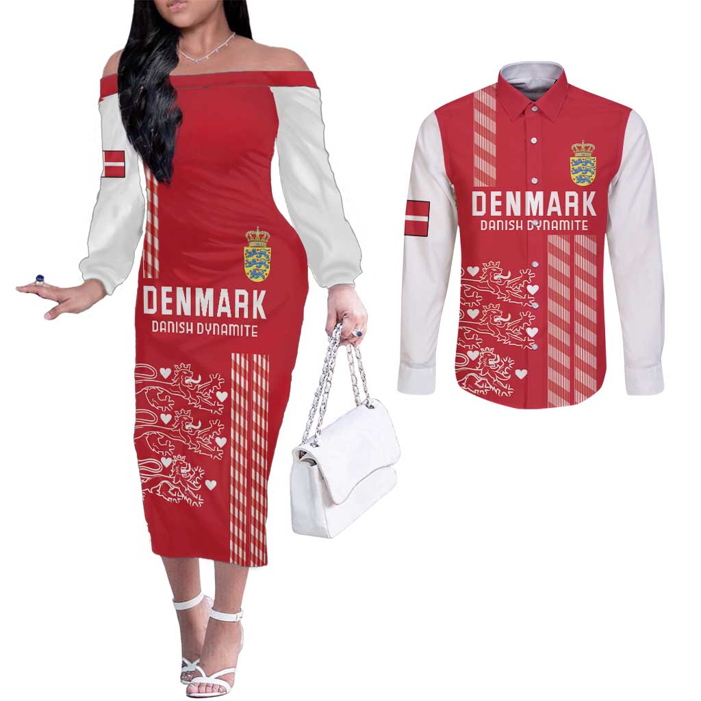 Custom Denmark Football Couples Matching Off The Shoulder Long Sleeve Dress and Long Sleeve Button Shirt Danish Dynamite Red Version