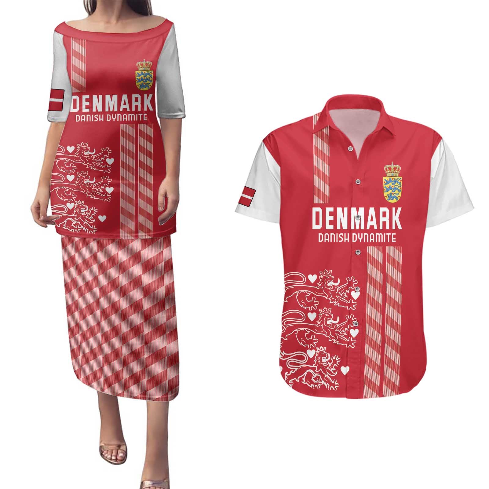 Custom Denmark Football Couples Matching Puletasi and Hawaiian Shirt Danish Dynamite Red Version