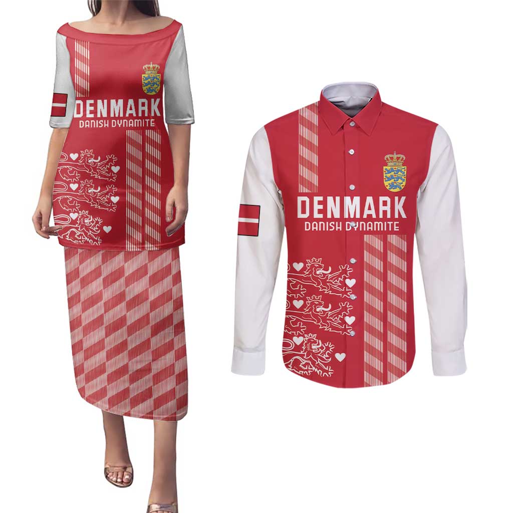 Custom Denmark Football Couples Matching Puletasi and Long Sleeve Button Shirt Danish Dynamite Red Version