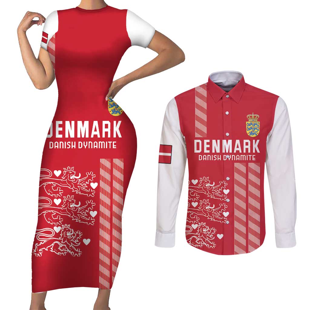 Custom Denmark Football Couples Matching Short Sleeve Bodycon Dress and Long Sleeve Button Shirt Danish Dynamite Red Version