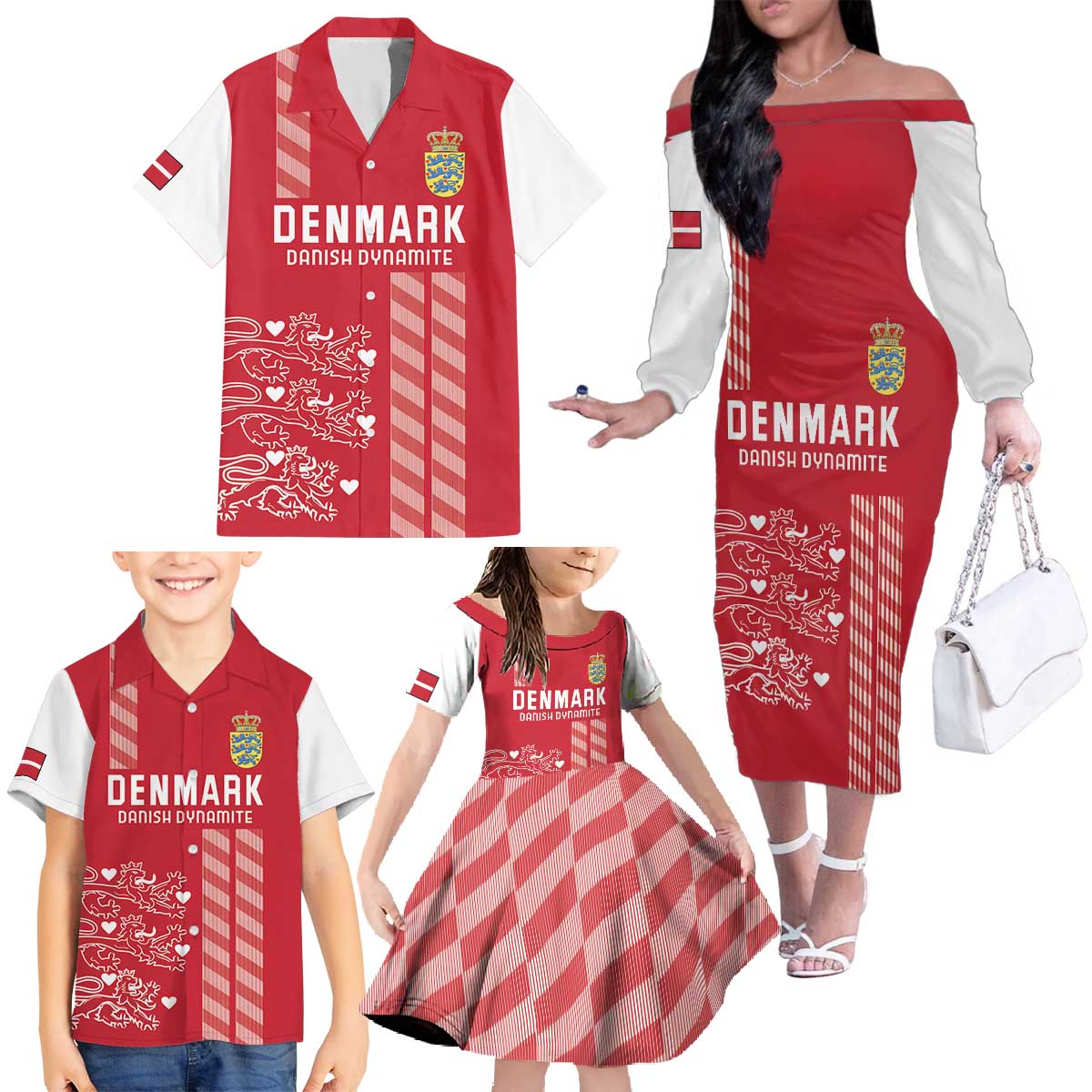 Custom Denmark Football Family Matching Off The Shoulder Long Sleeve Dress and Hawaiian Shirt Danish Dynamite Red Version