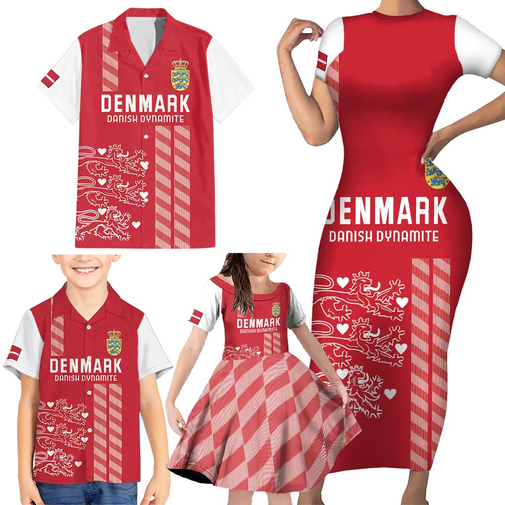 Custom Denmark Football Family Matching Short Sleeve Bodycon Dress and Hawaiian Shirt Danish Dynamite Red Version