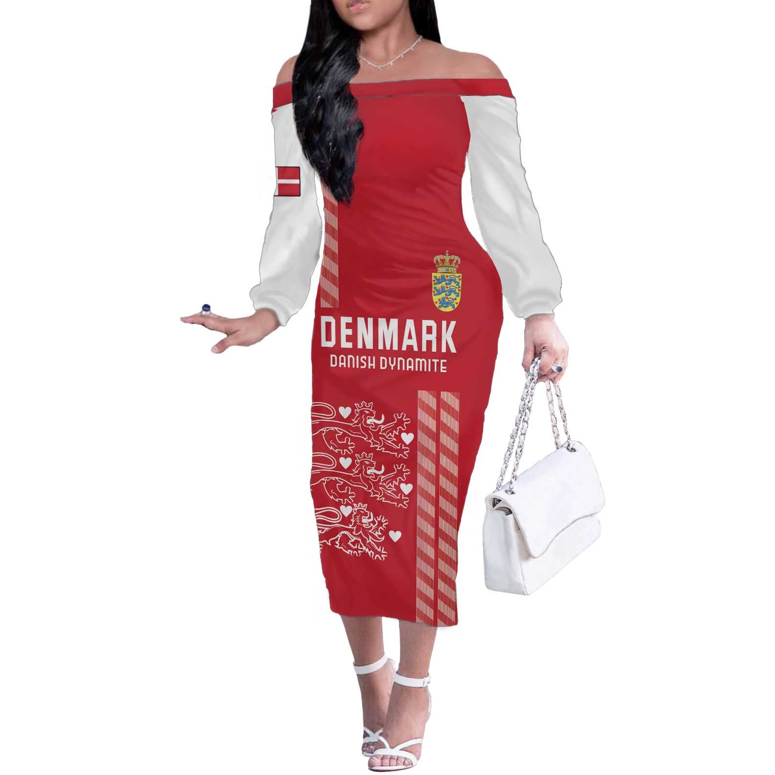 Custom Denmark Football Off The Shoulder Long Sleeve Dress Danish Dynamite Red Version