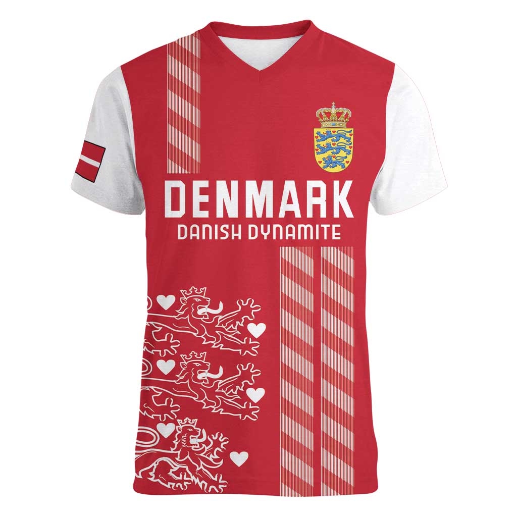 Custom Denmark Football Women V-Neck T-Shirt Danish Dynamite Red Version