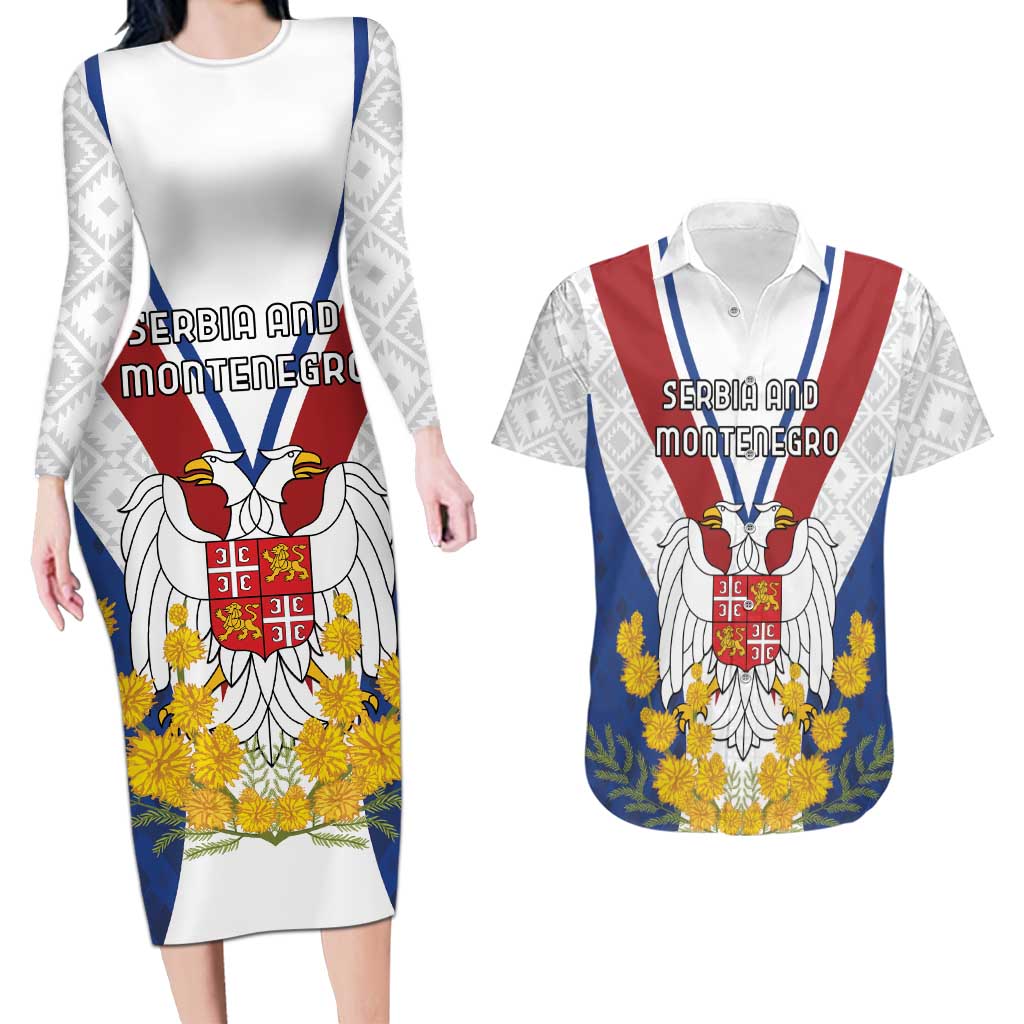 Personalized Serbia and Montenegro National Day Couples Matching Long Sleeve Bodycon Dress and Hawaiian Shirt Coat Of Arms Flag Style Since1992