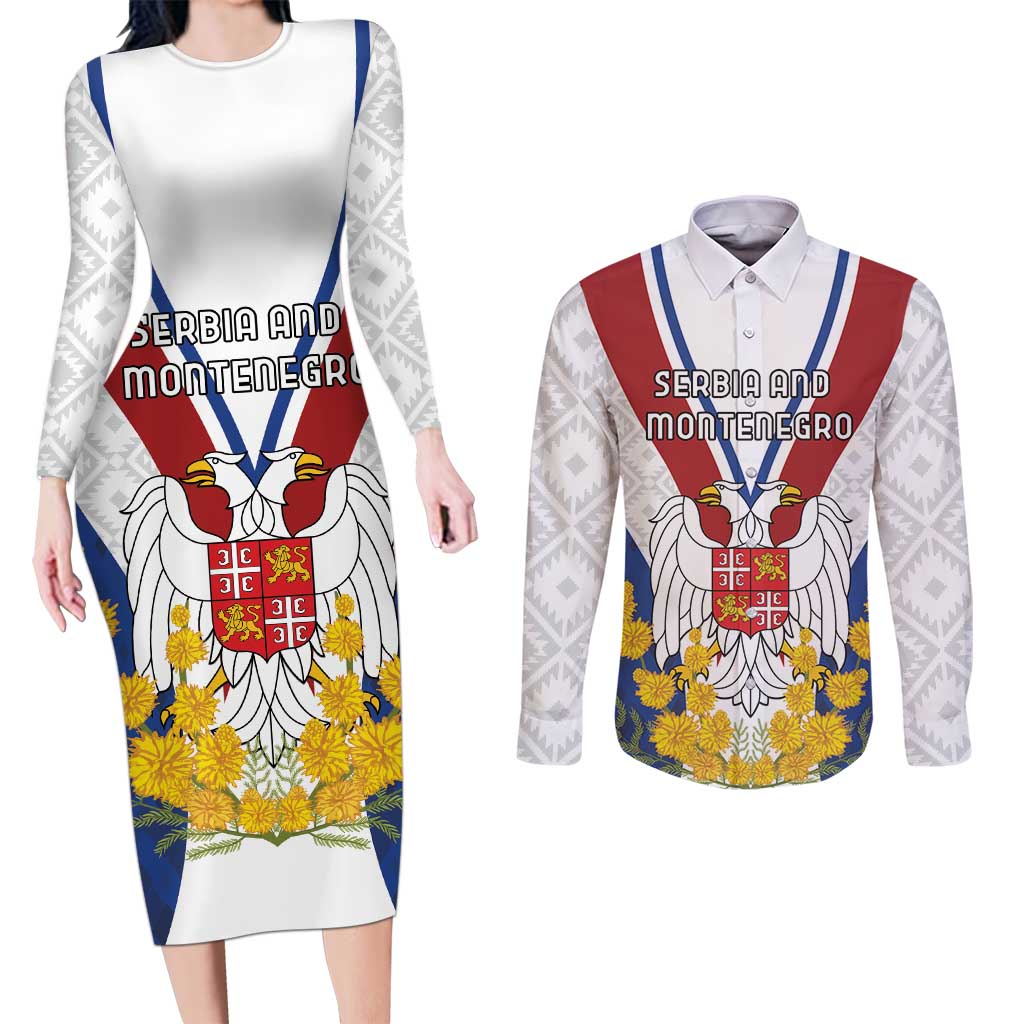 Personalized Serbia and Montenegro National Day Couples Matching Long Sleeve Bodycon Dress and Long Sleeve Button Shirt Coat Of Arms Flag Style Since1992