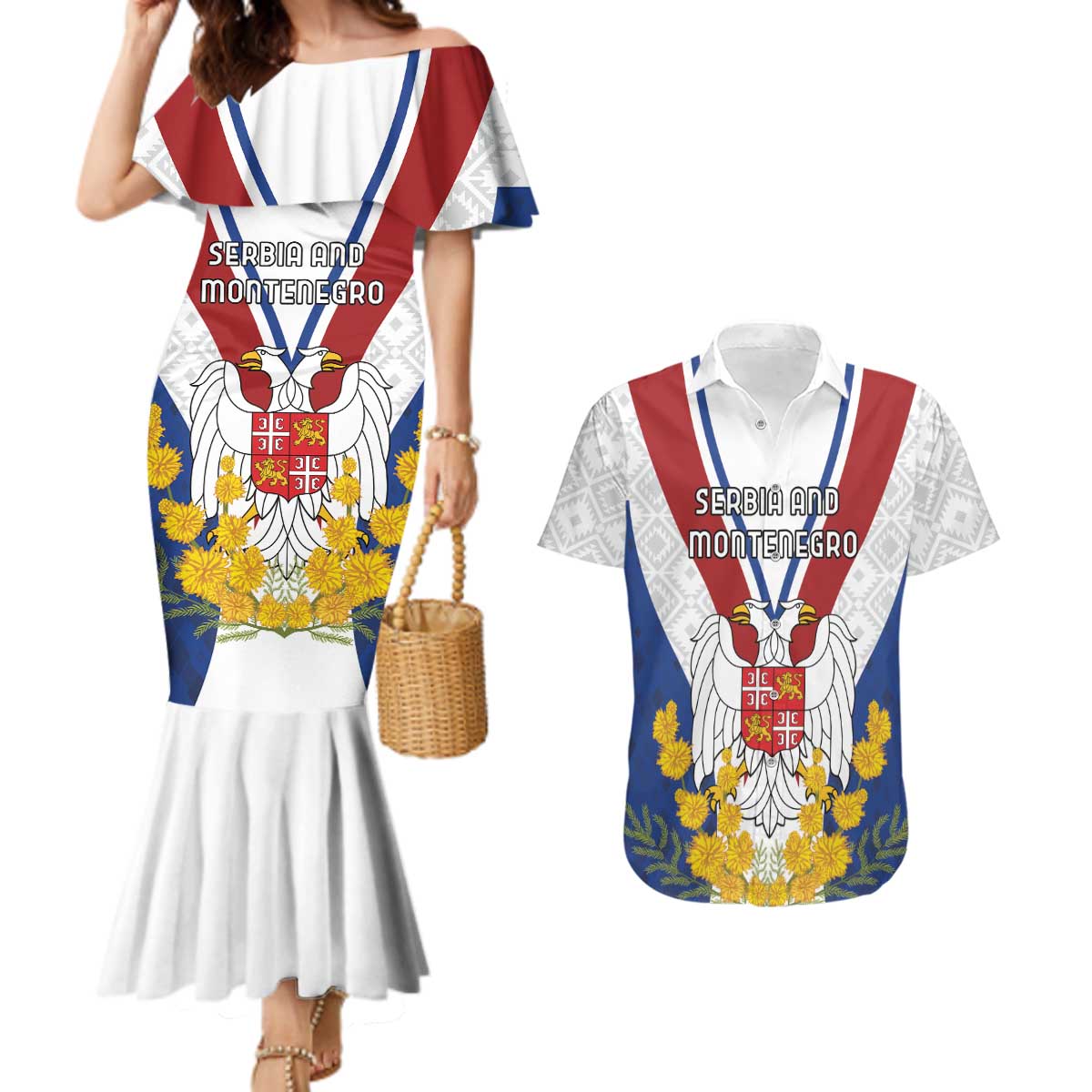 Personalized Serbia and Montenegro National Day Couples Matching Mermaid Dress and Hawaiian Shirt Coat Of Arms Flag Style Since1992