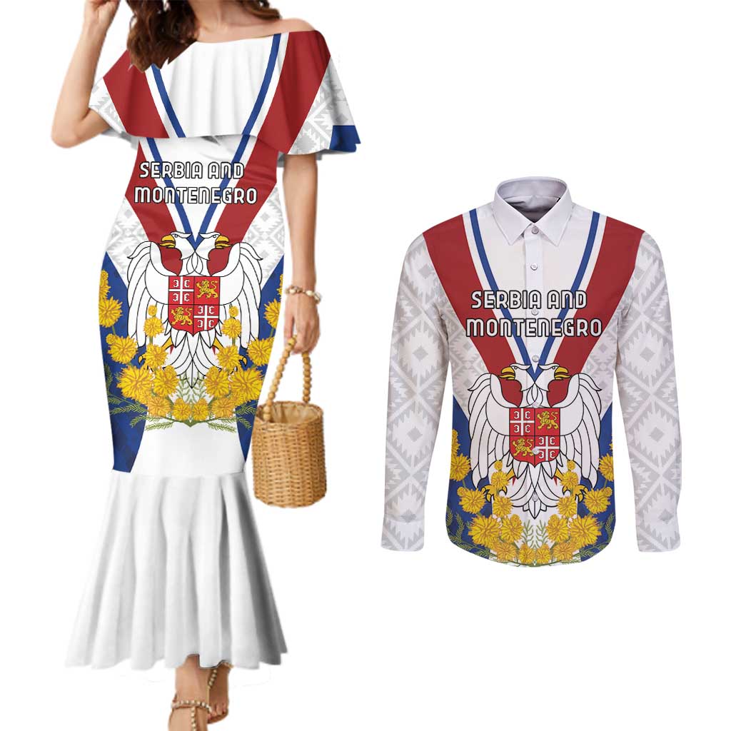 Personalized Serbia and Montenegro National Day Couples Matching Mermaid Dress and Long Sleeve Button Shirt Coat Of Arms Flag Style Since1992