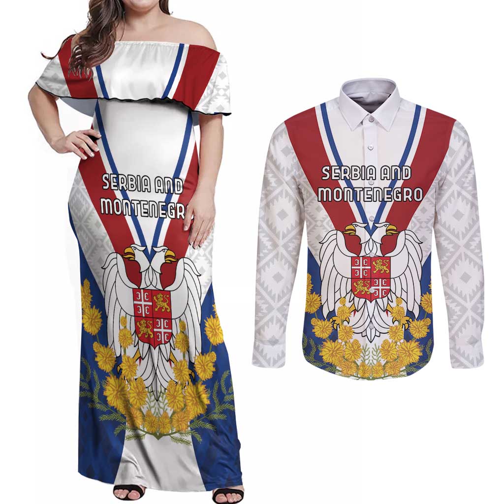 Personalized Serbia and Montenegro National Day Couples Matching Off Shoulder Maxi Dress and Long Sleeve Button Shirt Coat Of Arms Flag Style Since1992