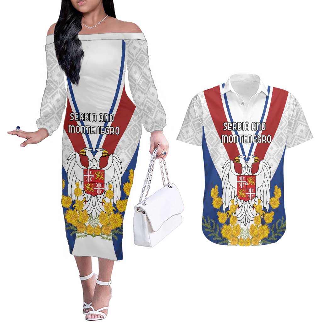 Personalized Serbia and Montenegro National Day Couples Matching Off The Shoulder Long Sleeve Dress and Hawaiian Shirt Coat Of Arms Flag Style Since1992