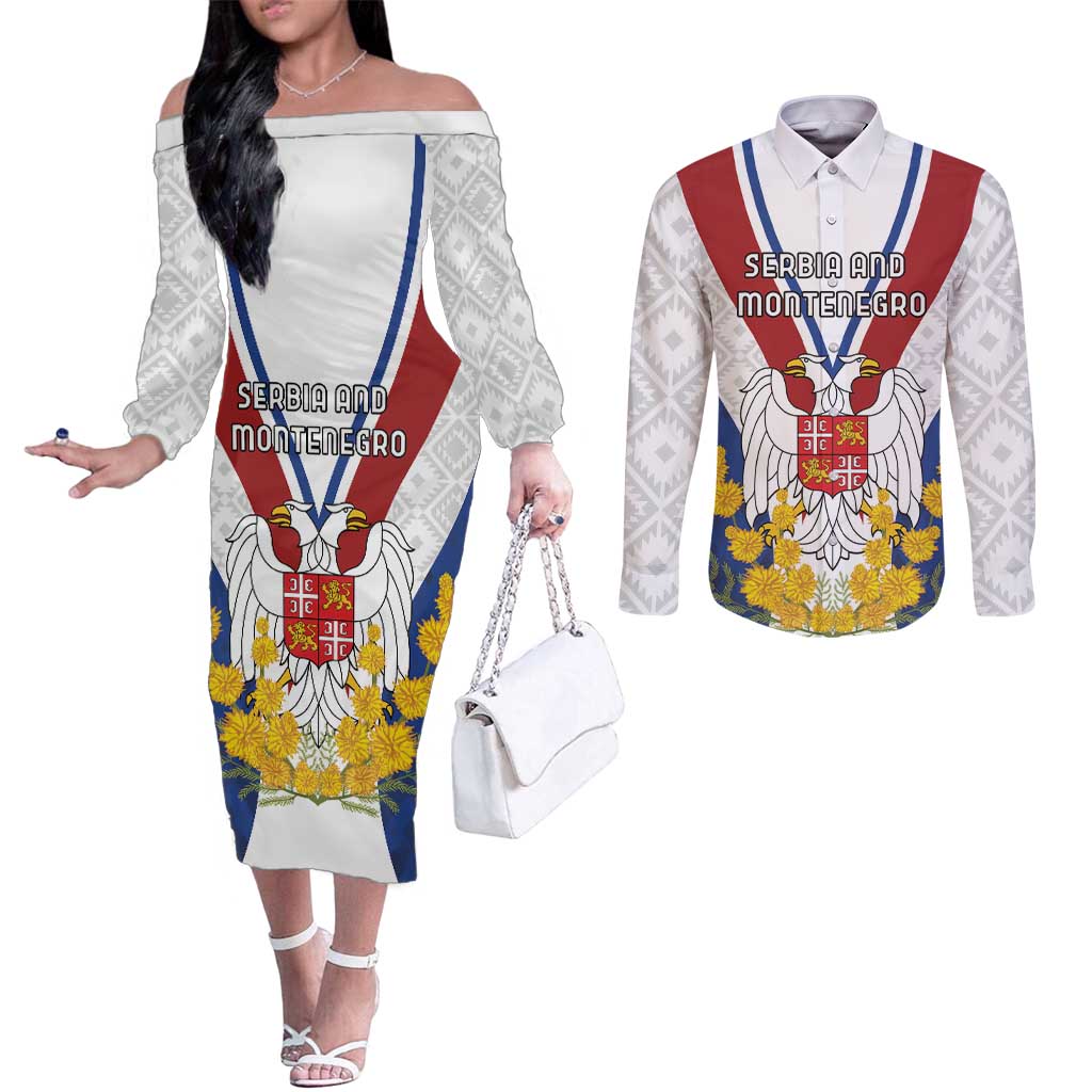 Personalized Serbia and Montenegro National Day Couples Matching Off The Shoulder Long Sleeve Dress and Long Sleeve Button Shirt Coat Of Arms Flag Style Since1992