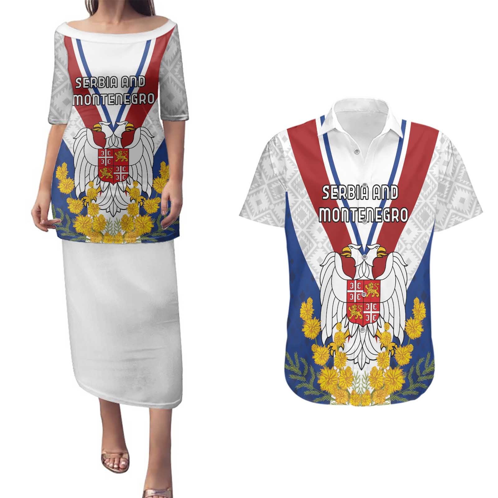 Personalized Serbia and Montenegro National Day Couples Matching Puletasi and Hawaiian Shirt Coat Of Arms Flag Style Since1992