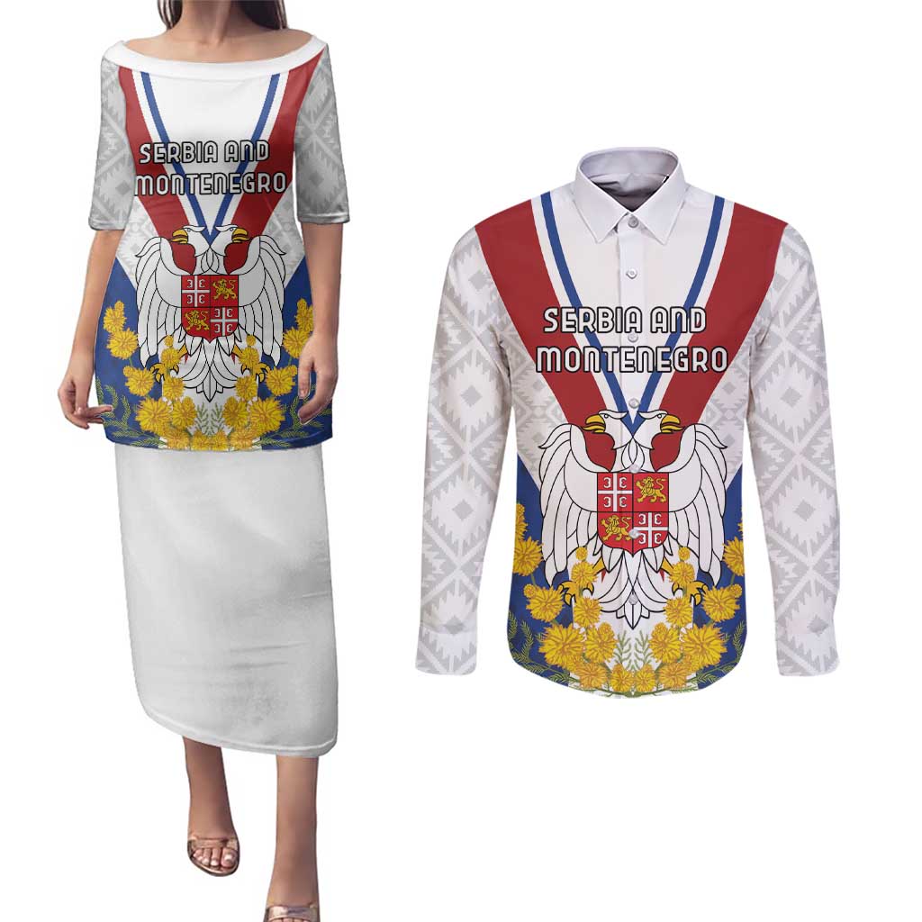 Personalized Serbia and Montenegro National Day Couples Matching Puletasi and Long Sleeve Button Shirt Coat Of Arms Flag Style Since1992