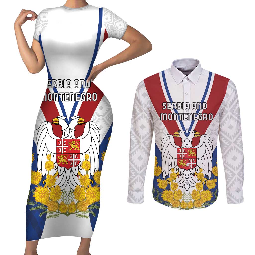 Personalized Serbia and Montenegro National Day Couples Matching Short Sleeve Bodycon Dress and Long Sleeve Button Shirt Coat Of Arms Flag Style Since1992