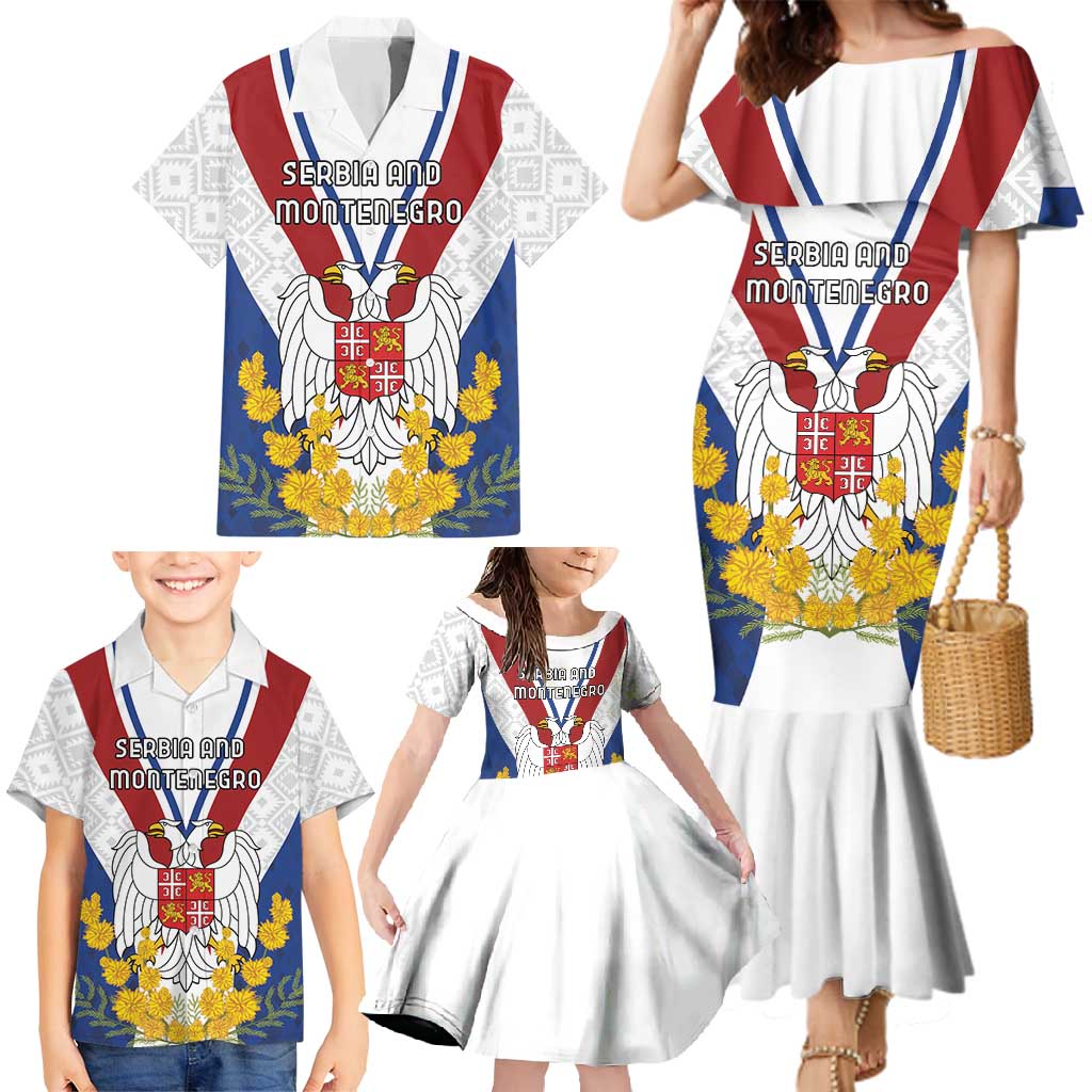 Personalized Serbia and Montenegro National Day Family Matching Mermaid Dress and Hawaiian Shirt Coat Of Arms Flag Style Since1992