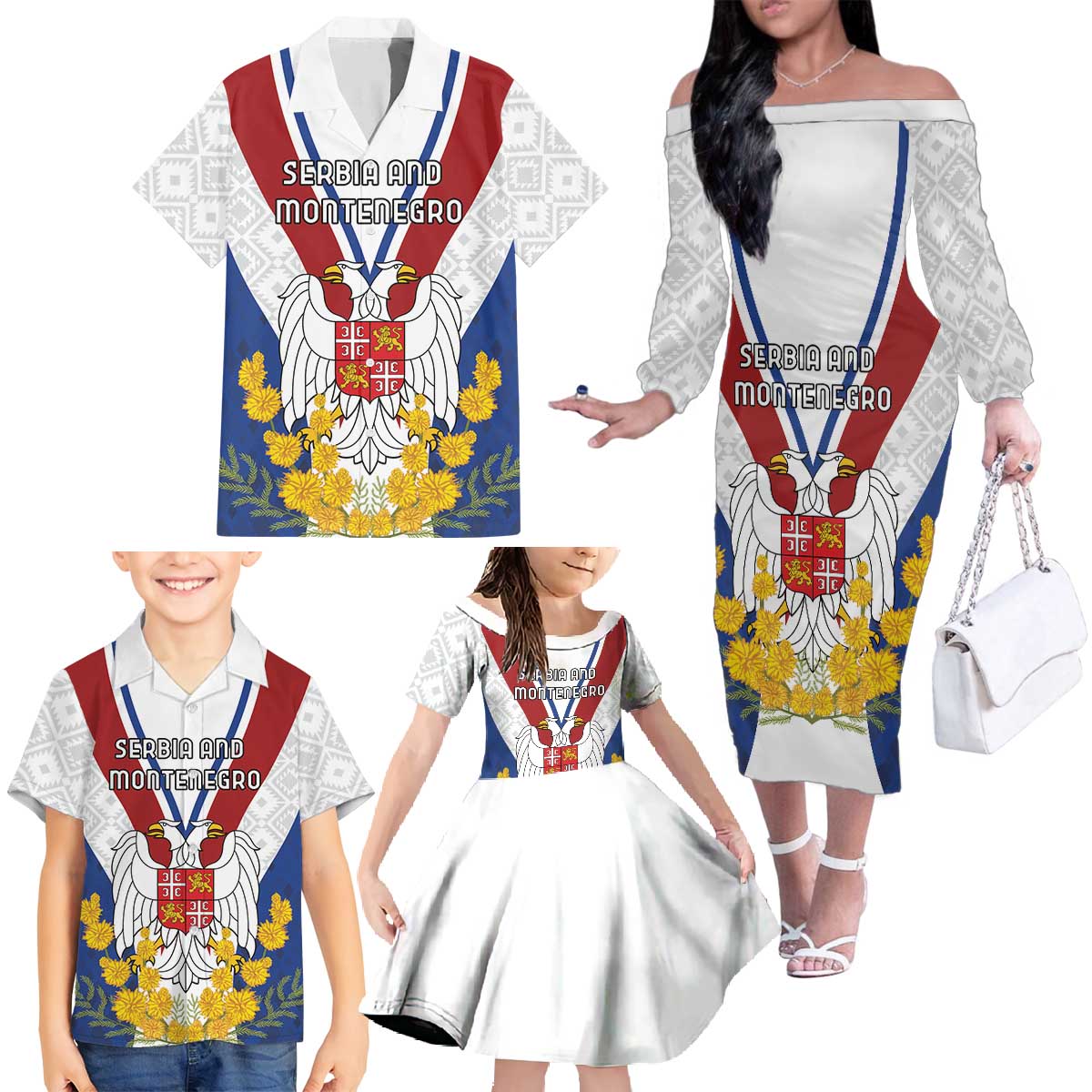 Personalized Serbia and Montenegro National Day Family Matching Off The Shoulder Long Sleeve Dress and Hawaiian Shirt Coat Of Arms Flag Style Since1992