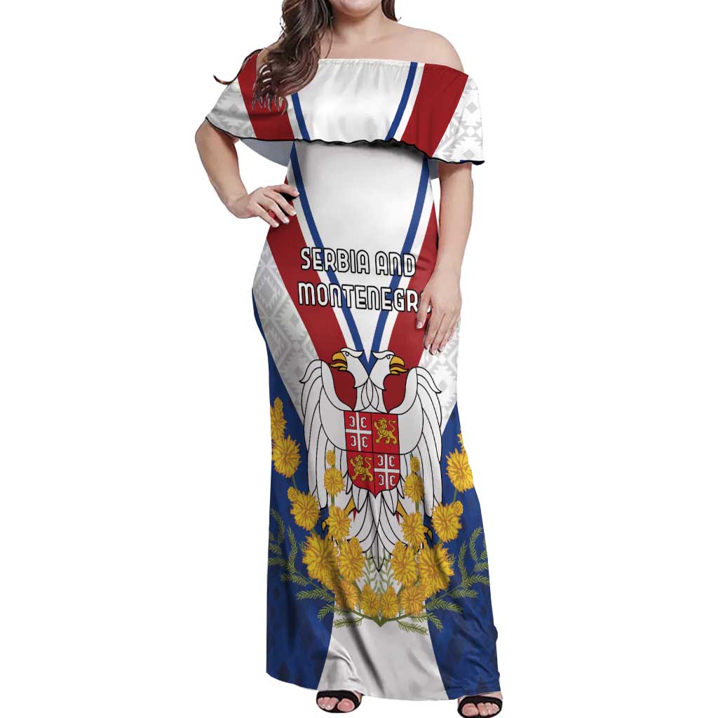 Personalized Serbia and Montenegro National Day Off Shoulder Maxi Dress Coat Of Arms Flag Style Since1992