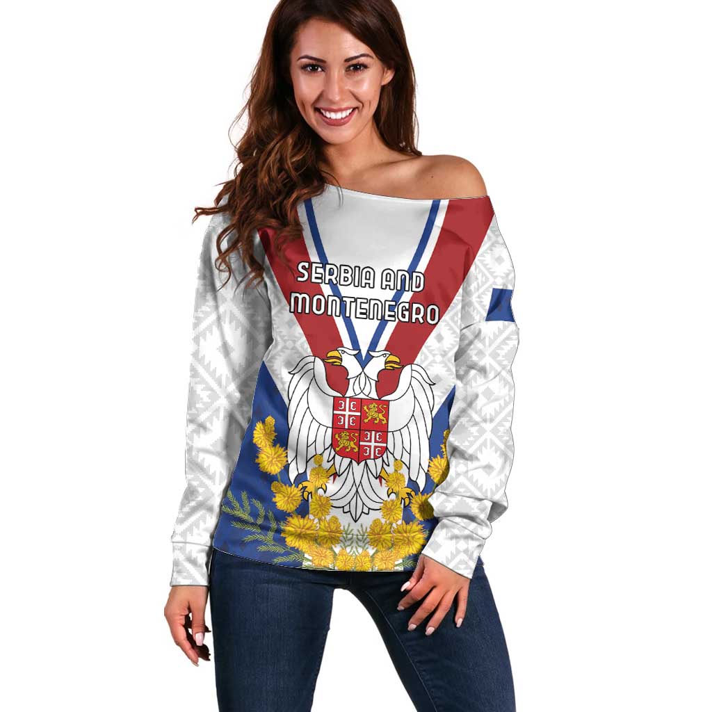 Personalized Serbia and Montenegro National Day Off Shoulder Sweater Coat Of Arms Flag Style Since1992