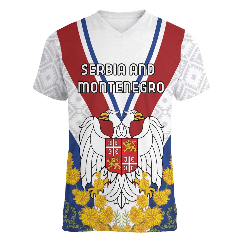 Personalized Serbia and Montenegro National Day Women V-Neck T-Shirt Coat Of Arms Flag Style Since1992