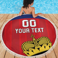 Red circular Liechtenstein football beach blanket with blue stripe and white fringe edge