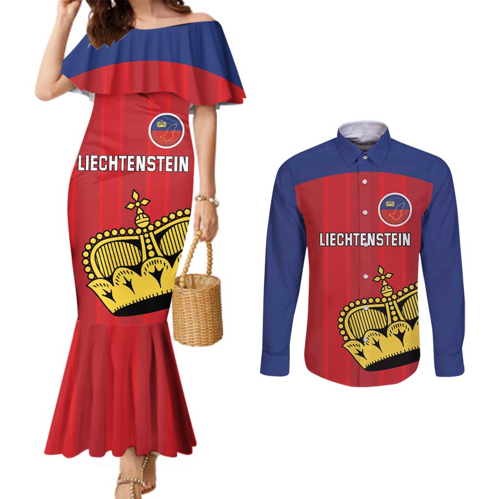 Custom Liechtenstein Football Couples Matching Mermaid Dress and Long Sleeve Button Shirt Come On The Blue-Reds