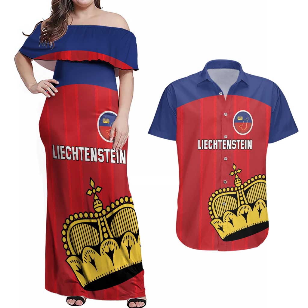 Custom Liechtenstein Football Couples Matching Off Shoulder Maxi Dress and Hawaiian Shirt Come On The Blue-Reds