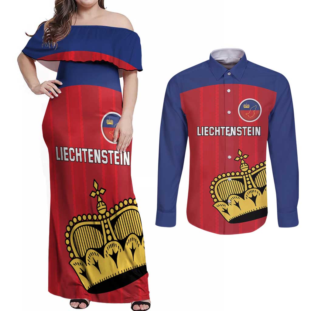 Custom Liechtenstein Football Couples Matching Off Shoulder Maxi Dress and Long Sleeve Button Shirt Come On The Blue-Reds