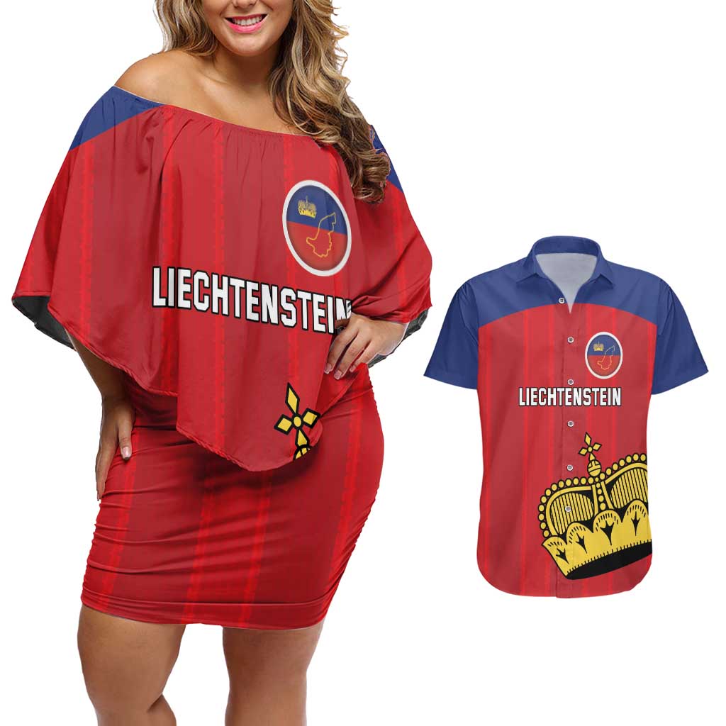 Custom Liechtenstein Football Couples Matching Off Shoulder Short Dress and Hawaiian Shirt Come On The Blue-Reds