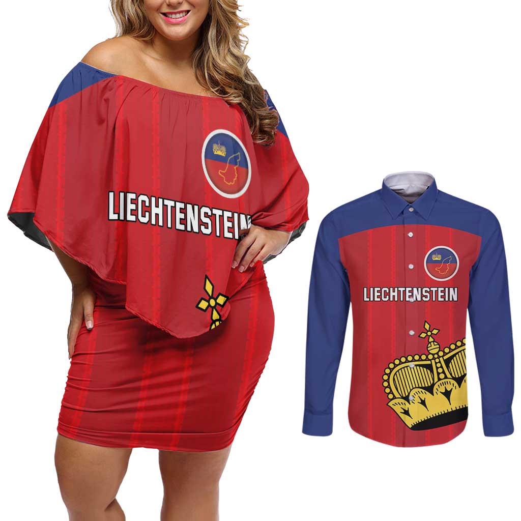 Custom Liechtenstein Football Couples Matching Off Shoulder Short Dress and Long Sleeve Button Shirt Come On The Blue-Reds